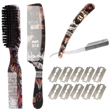 Coafor si Frizerie - Set ingrijire barba cu brici ras 10 lame, perie fade si piepten frizerie, imprimeu Barber Vintage