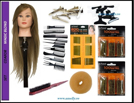 Set kit frizerie coafor complet MAGIC BLOND cu manechin salon agrafe ace de coc si agrafe [1]