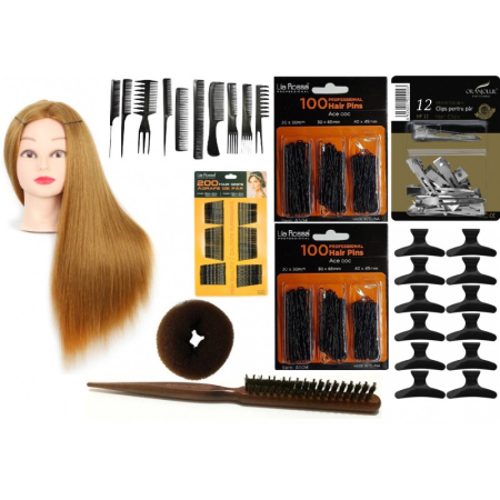 Set manechine cu par - Set kit frizerie coafor complet MAGIC BLOND Inchis cu manechin salon agrafe ace de coc si agrafe
