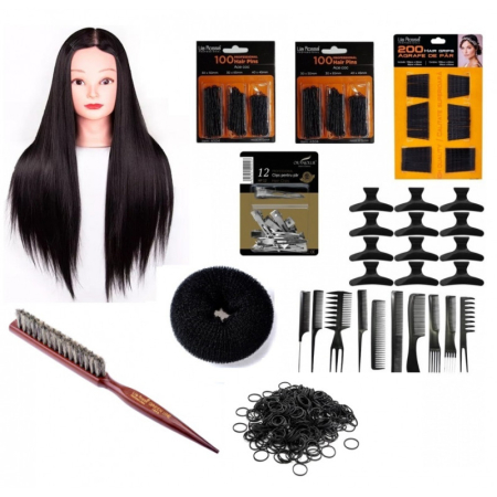 Cap manechin - Set kit frizerie coafor complet MAGIC SATEN SINTETIC cu clestisori agrafe ace perie tapat