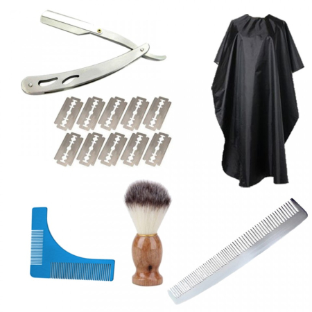 Produse ingrijire barba si mustata - Set kit ingrijire barba barber brici manta pamatuf pieptene metalic JK8