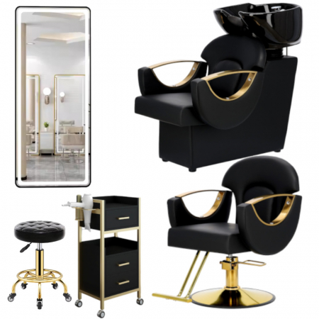 Mobilier Salon · Seturi - Set Mobila coafor cu 1 scaun frizerie, 1 scafa ceramica, 1 oglinda coafor LED, ucenic si taburet