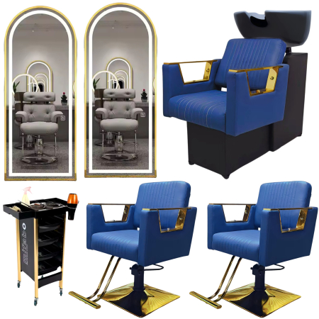 Mobilier frizerie - Set Mobila Salon Albastru cu Auriu – Scafă frizerie, 2 Scaune coafor albastre, 2 Oglinzi LED Gold
