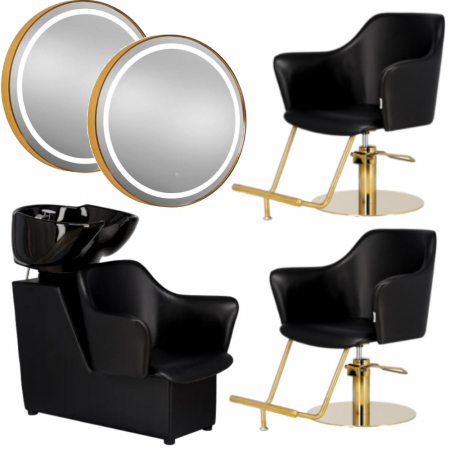Mobilier Salon · Seturi - Set Mobilier Coafor cu 2 scaune frizerie negre, scafa coafor, 2 Oglinizi LED Aurii, 80cm