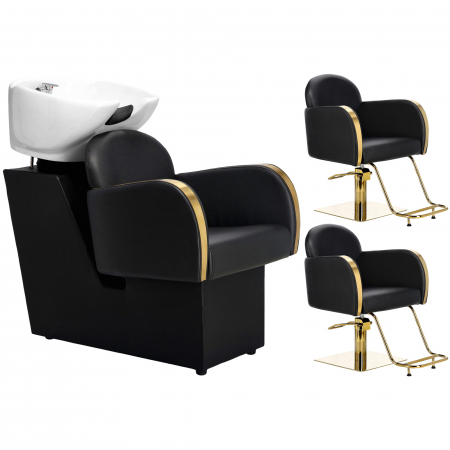 Mobilier Salon · Seturi - Set mobilier coafor cu scafa frizerie si 2 scaune coafor, negre cu finisaje aurii