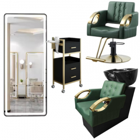 Mobilier Salon · Seturi - Set mobilier coafor cu scaun frizerie verde auriu, scafă profesională si post de lucru cu Led