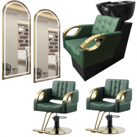 Mobilier Salon · Seturi - Set Mobilier coafor premium, Verde cu Auriu, cu 2 scaune coafor, 2 oglinzi led si scafa frizerie