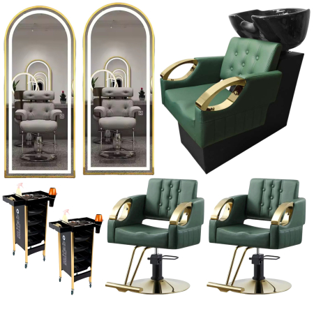 Mobilier Salon · Seturi - Set Mobilier coafor premium, Verde cu Auriu, cu 2 scaune coafor, 2 oglinzi led si scafa frizerie