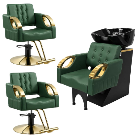 Mobilier frizerie - Set Mobilier coafor premium, Verde cu Auriu, cu 2 scaune coafor si scafa frizerie