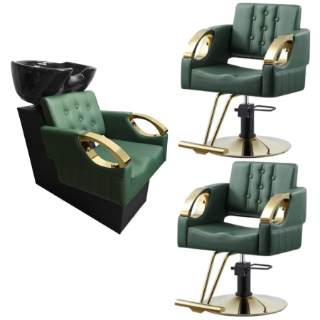 Mobilier Salon · Seturi - Set Mobilier coafor premium, Verde cu Auriu, cu 2 scaune coafor si scafa frizerie
