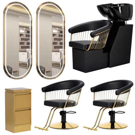 Mobilier frizerie - Set Mobilier Coafor Profesional Negru cu Auriu – Luxos cu scaun scafa oglinda LED