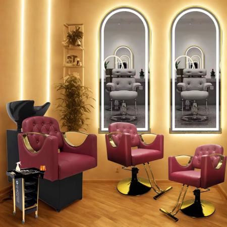 Set Mobilier Coafor – Scafa frizerie, 3 Scaune coafor visinii, 3 Oglinzi Led, Bordo cu Auriu [10]