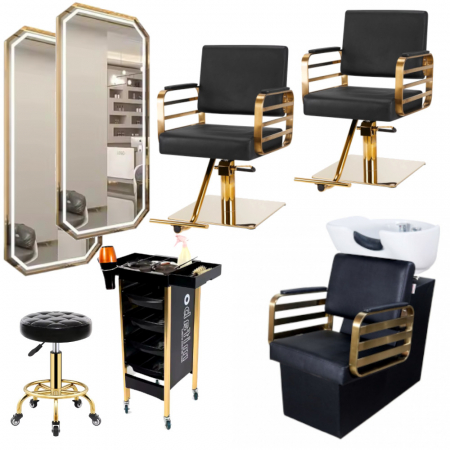 Mobilier Salon · Seturi - Set Mobilier complet frizerie cu 2 scaune coafor, 1 scafa, 2 oglinzi LED, Negru cu Auriu