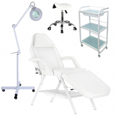 Pat cosmetica - Set mobilier cosmetica cu Pat cosmetică BR010C, ucenic cosmetica alb, lampa cosmetica cu lupa si scaun cosmetica