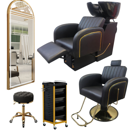 Mobilier Salon · Seturi - Set mobilier frizerie barber shop cu scafa, scaun, Oglinda LED, Negru Gold