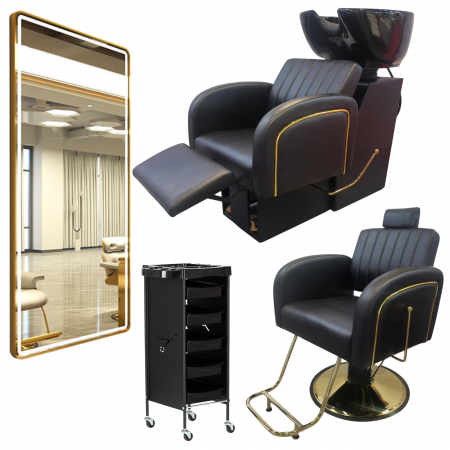 Mobilier Salon · Seturi - Set mobilier frizerie barber shop cu scafa, scaun, Oglinda LED, Negru Gold