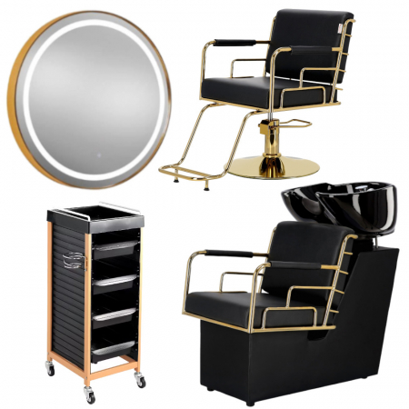Mobilier Salon · Seturi - Set Mobilier frizerie cu 1 post de lucru coafor, scaun frizerie profesional, scafa, Negru cu Gold