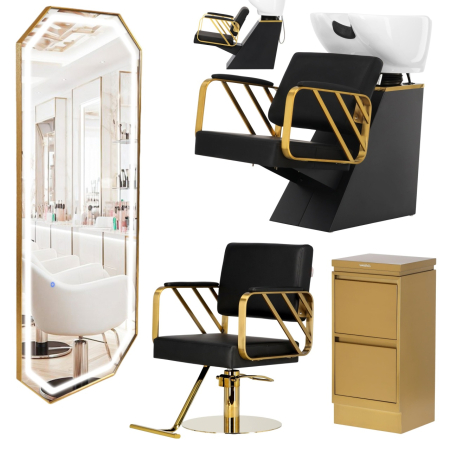 Mobilier frizerie - Set Mobilier frizerie cu 1 post de lucru, scafa cu scaun coafor, oglinda Led, Negru Auriu