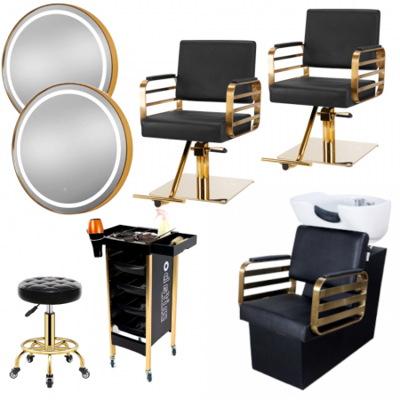 Mobilier Salon · Seturi - Set Mobilier frizerie cu 2 scaune coafor, 1 scafa, 2 oglinzi LED, Negru cu Auriu