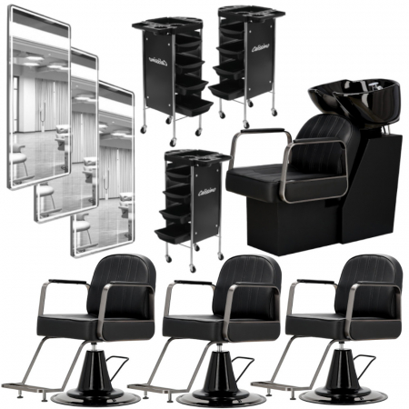 Mobilier Salon · Seturi - Set Mobilier frizerie cu 3 scaune coafor, scafa, 3 posturi de lucru frizerie, complet dotate