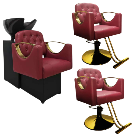 Mobilier frizerie - Set Mobilier Frizerie Rosu Bordo & Auriu – Scafă + 2 Scaune coafor rosii de Lux