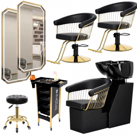 Mobilier Salon · Seturi - Set mobilier pentru frizerie si coafor cu 2 scaune coafor si unitate de spalare, Negru cu Gold