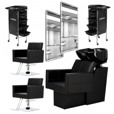 Mobilier Salon · Seturi - Set mobilier pentru salon coafor cu scafa profesionala, 2 scaune frizerie si Oglinzi LED, Negru cu Argintiu