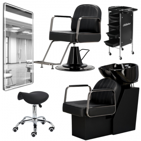 Mobilier Salon · Seturi - Set mobilier salon coafor cu 1 post de lucru frizerie, scaun coafor, scafa, Negru cu Argintiu