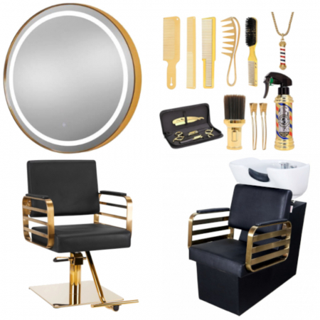 Mobilier Salon · Seturi - Set Mobilier salon coafor cu 1 scaun frizerie, 1 scafa ceramica, 1 oglinda coafor LED