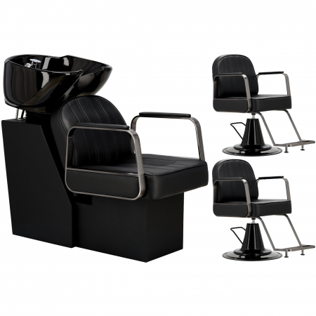 Set mobilier salon coafor cu scafa profesionala, 2 scaune frizerie si Oglinzi LED, Negru cu Argintiu [5]