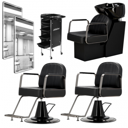 Mobilier Salon · Seturi - Set mobilier salon coafor cu scafa profesionala, 2 scaune frizerie si Oglinzi LED, Negru cu Argintiu