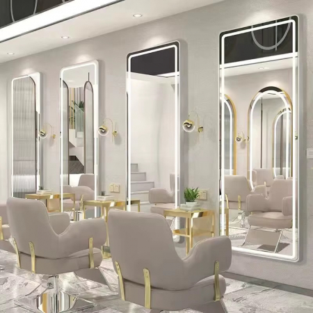 Set mobilier salon coafor cu scafa profesionala, 2 scaune frizerie si Oglinzi LED, Negru cu Argintiu [6]