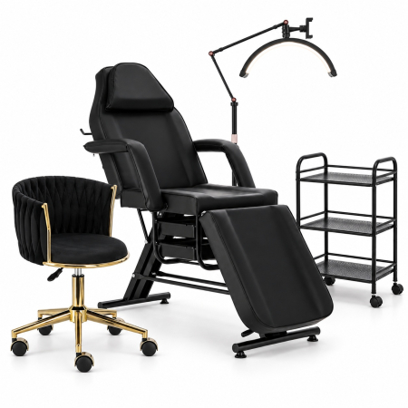Mobilier frizerie - Set Mobilier Salon Cosmetică 4 Piese – Pat Cosmetic, Ucenic, Lampă LED Gene & Micropigmentare, Scaun Lux