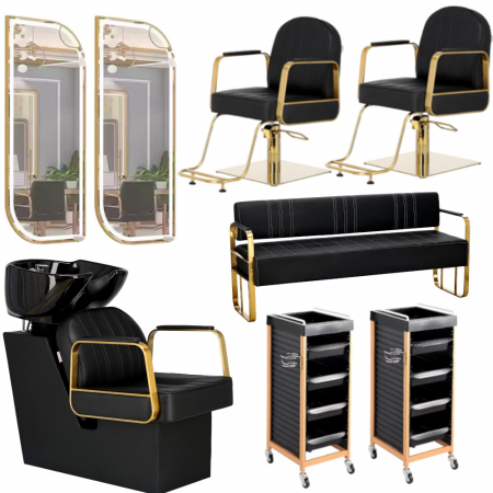 Mobilier Salon · Seturi - Set mobilier salon cu 2 scaune coafor, scafa frizerie, oglinzi mari Led, canapea receptie