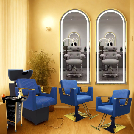 Set Mobilier Salon cu 3 posturi coafor, 3 scaune frizerie, 3 oglinzi led, scafa, Albastru cu Auriu [1]