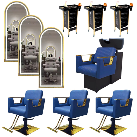 Mobilier frizerie - Set Mobilier Salon cu 3 posturi coafor, 3 scaune frizerie, 3 oglinzi led, scafa, Albastru cu Auriu
