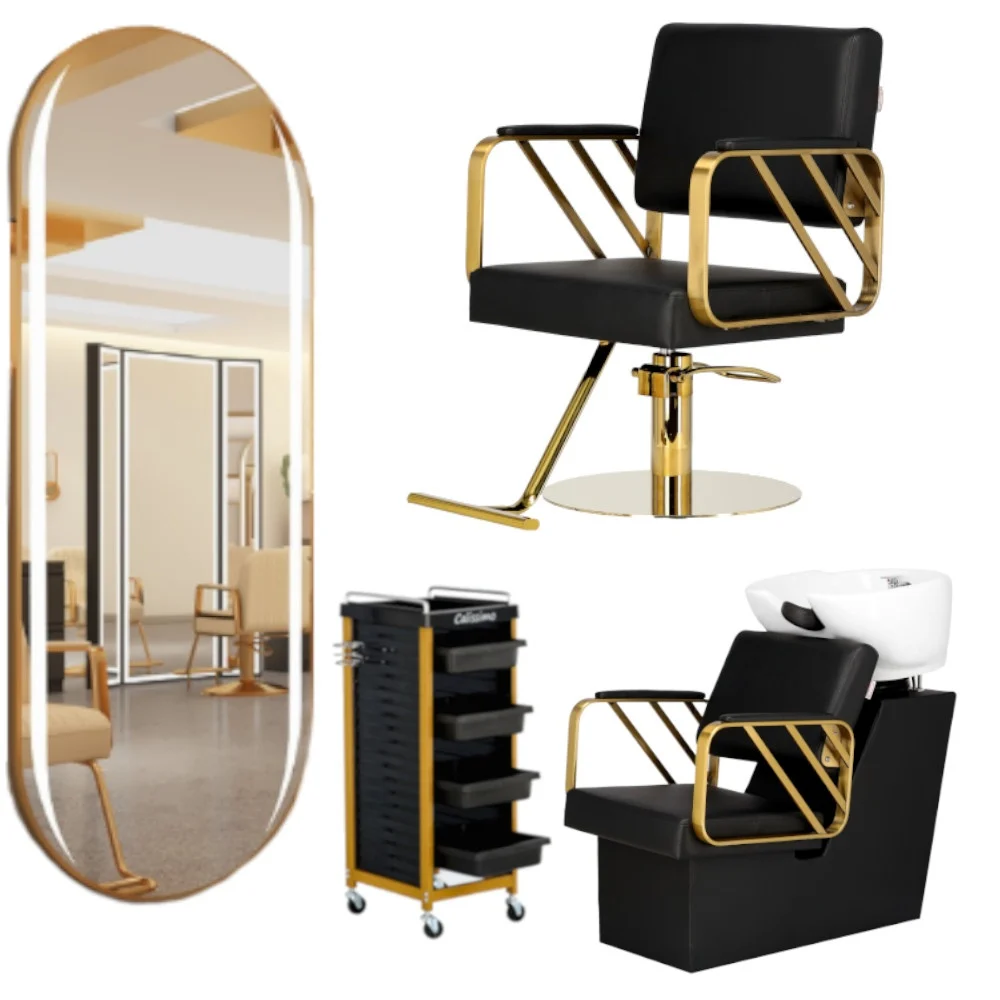 Mobilier Salon · Seturi - Set Mobilier salon frizerie cu 1 scaun coafor, 1 scafa, 1 oglinda Led cu Auriu
