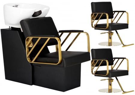 Set Mobilier salon frizerie cu 2 scaune coafor, 1 scafa, 2 oglinzi Led cu Auriu [1]