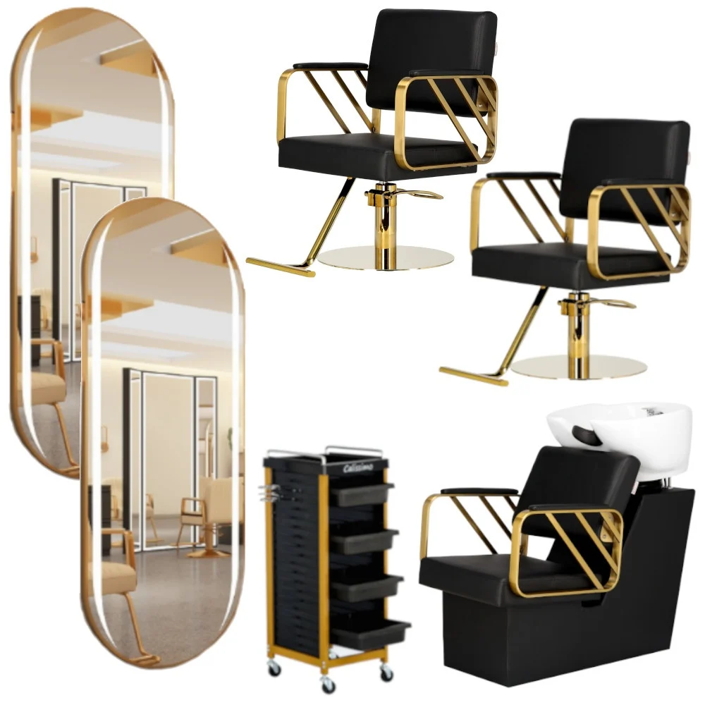 Mobilier Salon · Seturi - Set Mobilier salon frizerie cu 2 scaune coafor, 1 scafa, 2 oglinzi Led cu Auriu