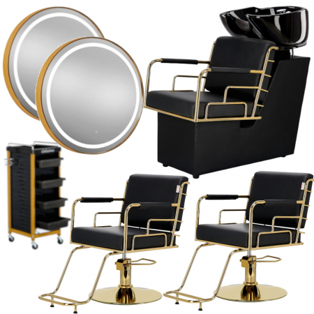 Mobilier Salon · Seturi - Set Mobilier salon frizerie cu 2 scaune coafor, 1 scafa, 2 oglinzi Led cu Auriu, Ucenic metal