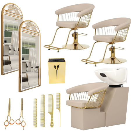 Set Mobilier salon înfrumusețare premium – 2 scaune coafor, scafă profesională, oglinzi LED aurii semiovale170x70 cm, cadouri incluse [0]