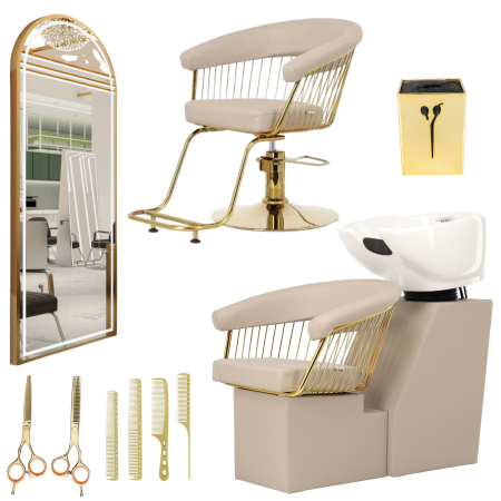Mobilier Salon · Seturi - Set Mobilier salon înfrumusețare premium crem– scaun coafor bej, scafă profesională, oglinda Led 170x70cm