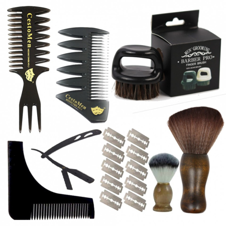 Produse ingrijire barba si mustata - Set pentru ingrijire barbati BarberPro cu brici clasic metalic pamatuf piepteni perie barba