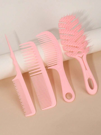 Set perie coafor curbata cu 3 piepteni frizerie, Roz [1]