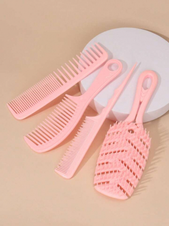 Set perie coafor curbata cu 3 piepteni frizerie, Roz [5]
