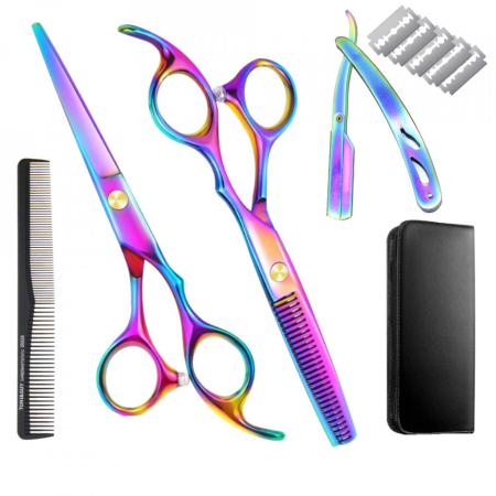 Coafor si Frizerie - Set profesional foarfeca de tuns si filat Balmus4 marime 6" cu geanta, brici metalic si piepten pentru frizerie salon coafor