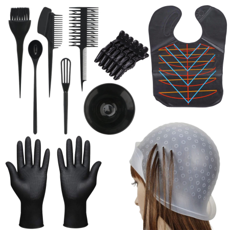 Coafor si Frizerie - Set profesional pentru vopsit părul – Pelerină magnetică, cască șuvițe silicon, bol + 5 pensule, clipsuri crocodil, mănuși latex reutilizabile