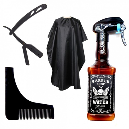 Coafor si Frizerie - Set pulverizator imitatie sticla whisky cu brici metalic pelerina pieptene barba
