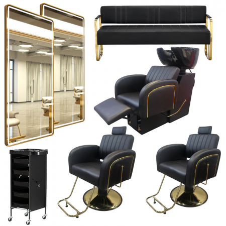 Mobilier Salon · Seturi - Set Scafa cu 2 scaune frizerie, rabatabile cu tetiera, negru cu auriu, 2 oglinzi LED si ucenic