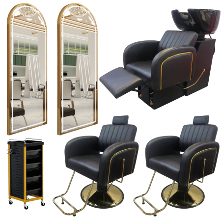 Mobilier Salon · Seturi - Set Scafa cu 2 scaune frizerie, rabatabile cu tetiera, negru cu auriu, 2 oglinzi LED si ucenic